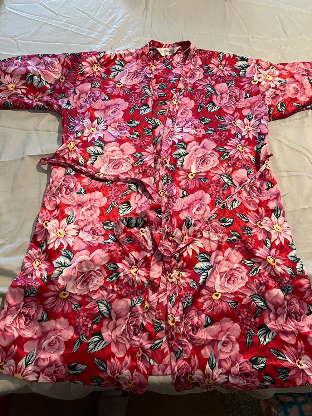 Floral Satin Robe in Vibrant Pink and Red